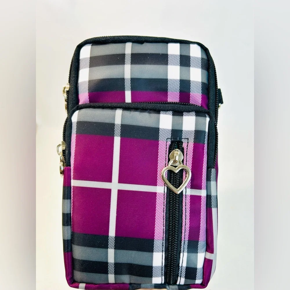 NEW Lightweight Small Nylon Crossbody Cell Phone Travel Pouch in Purple Stripes