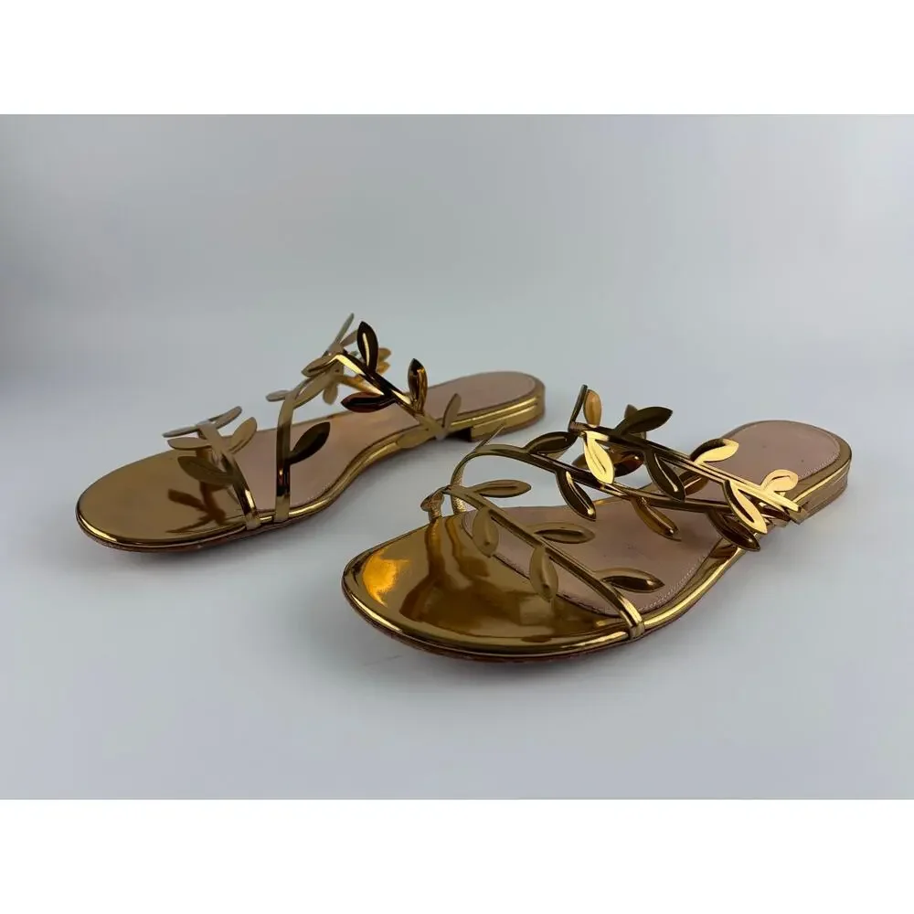 Gianvito Rossi Flavia Metallic Gold Leather Flat Leaf Sandals Size 39