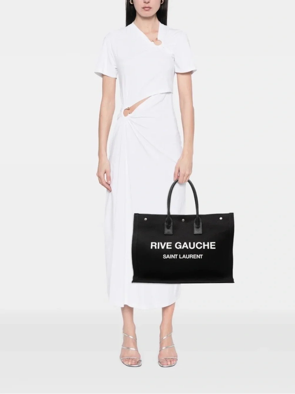Saint Laurent Black Rive Gauche Canvas Tote with White Logo
