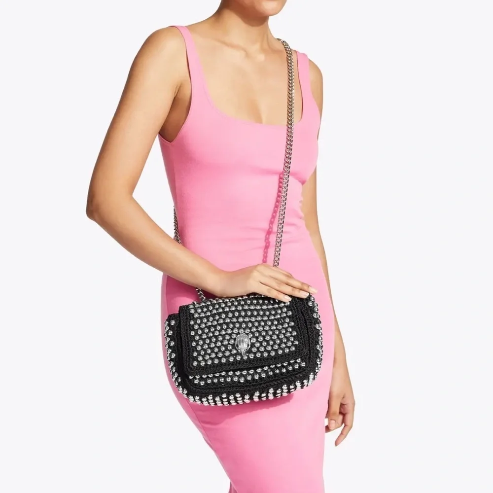Kurt Geiger London Medium Crochet Kensington NWT Black Silver Studs Chain Strap
