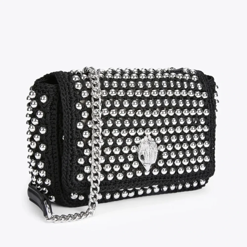 Kurt Geiger London Medium Crochet Kensington NWT Black Silver Studs Chain Strap