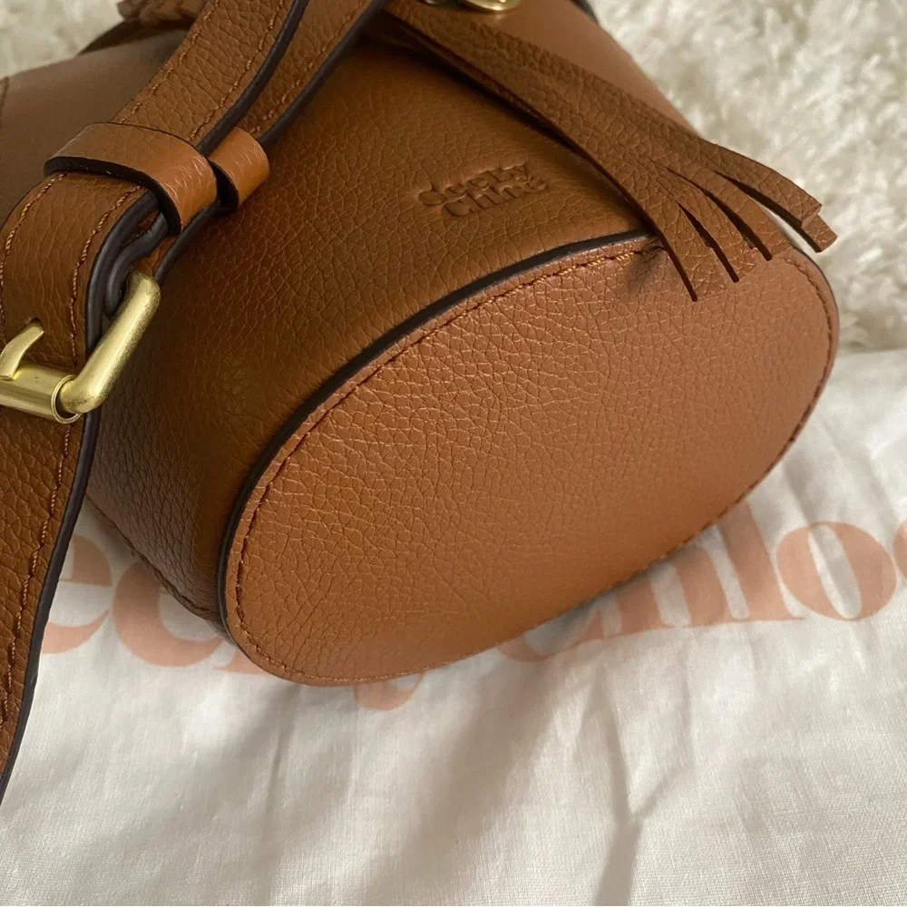 See by Chloe Joan Box Leather Bucket Crossbody Bag Caramello Tan Gold