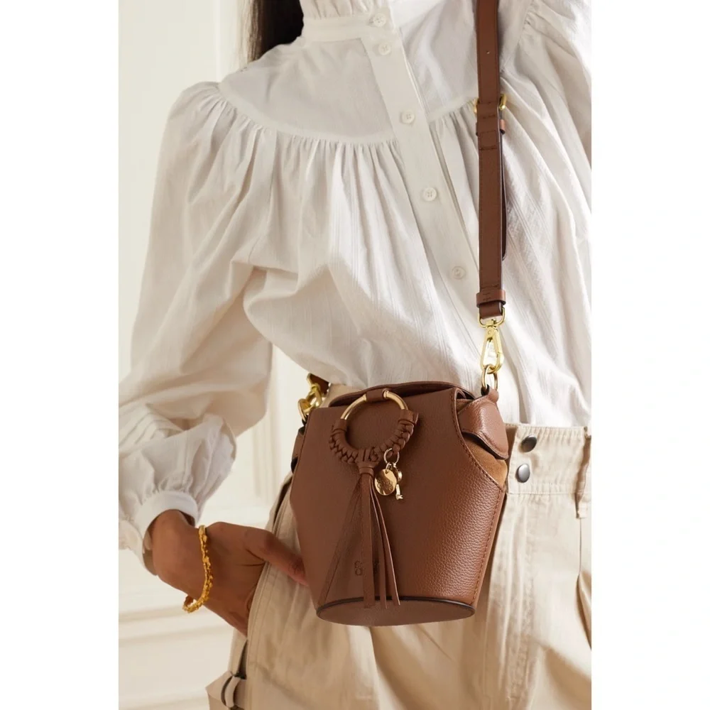 See by Chloe Joan Box Leather Bucket Crossbody Bag Caramello Tan Gold