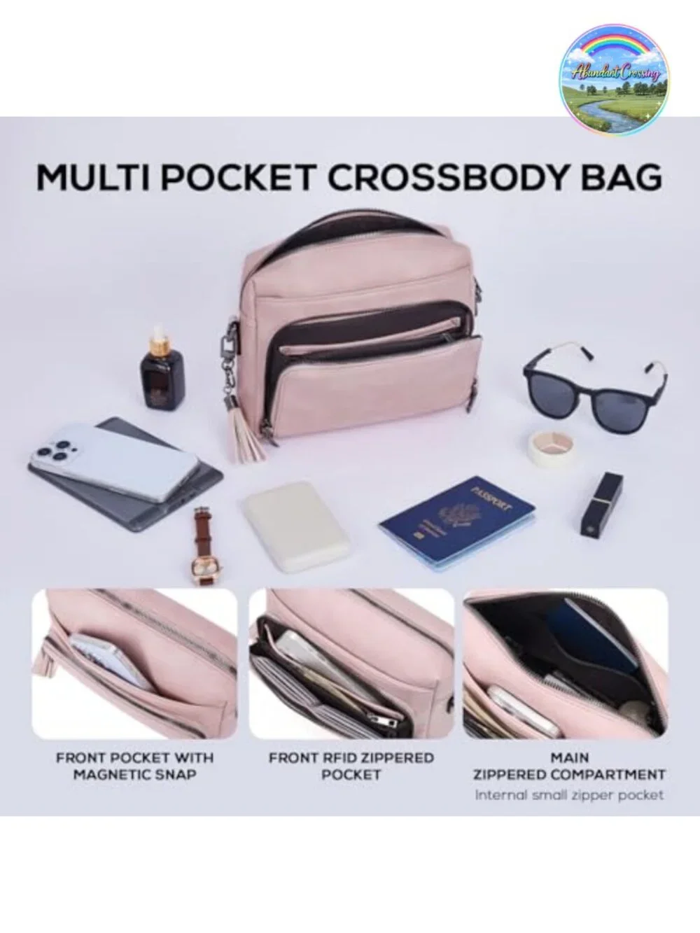 Vegan Leather Crossbody Purse with Built-in RFID Wallet, Adjustable Strap