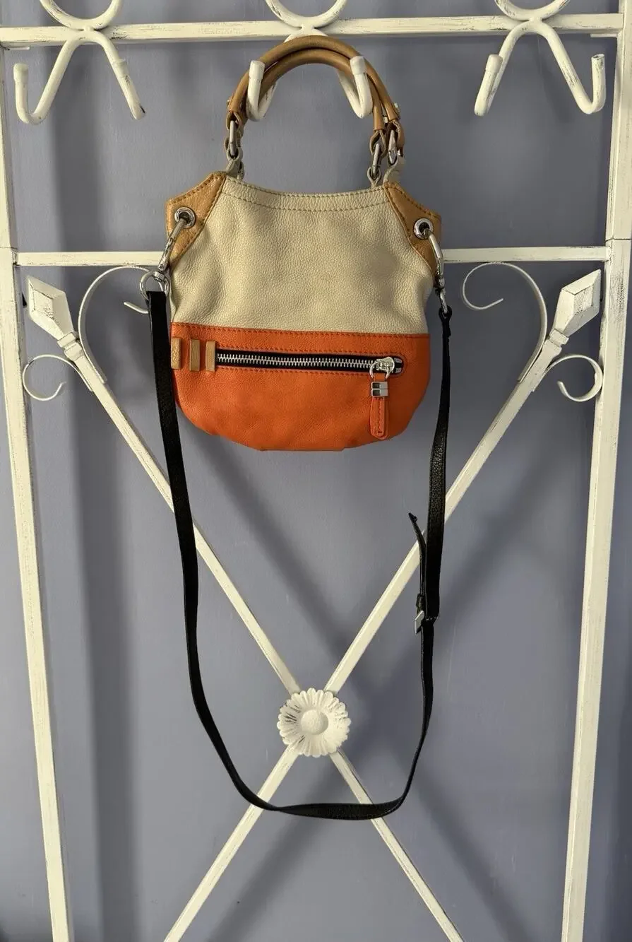 OrYANY Beige leather bag orange accents and a black strap Crossbody