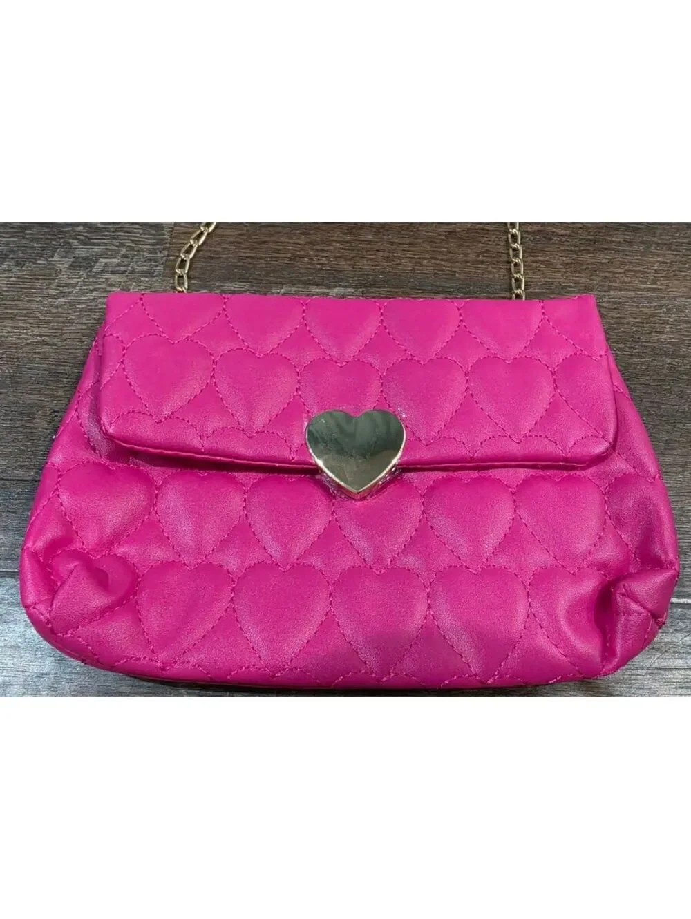 Pink Faux Leather Quilted Heart Pattern Crossbody Bag with Gold Heart Clasp
