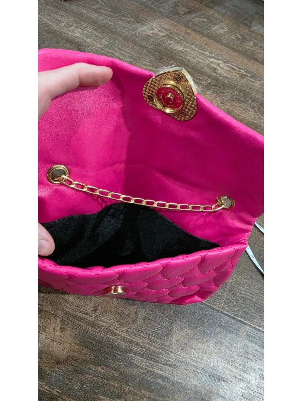 Pink Faux Leather Quilted Heart Pattern Crossbody Bag with Gold Heart Clasp