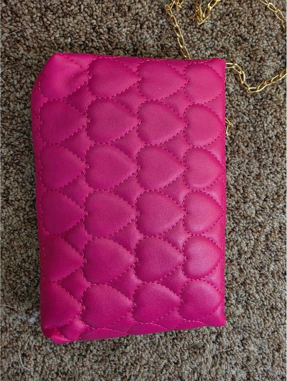 Pink Faux Leather Quilted Heart Pattern Crossbody Bag with Gold Heart Clasp