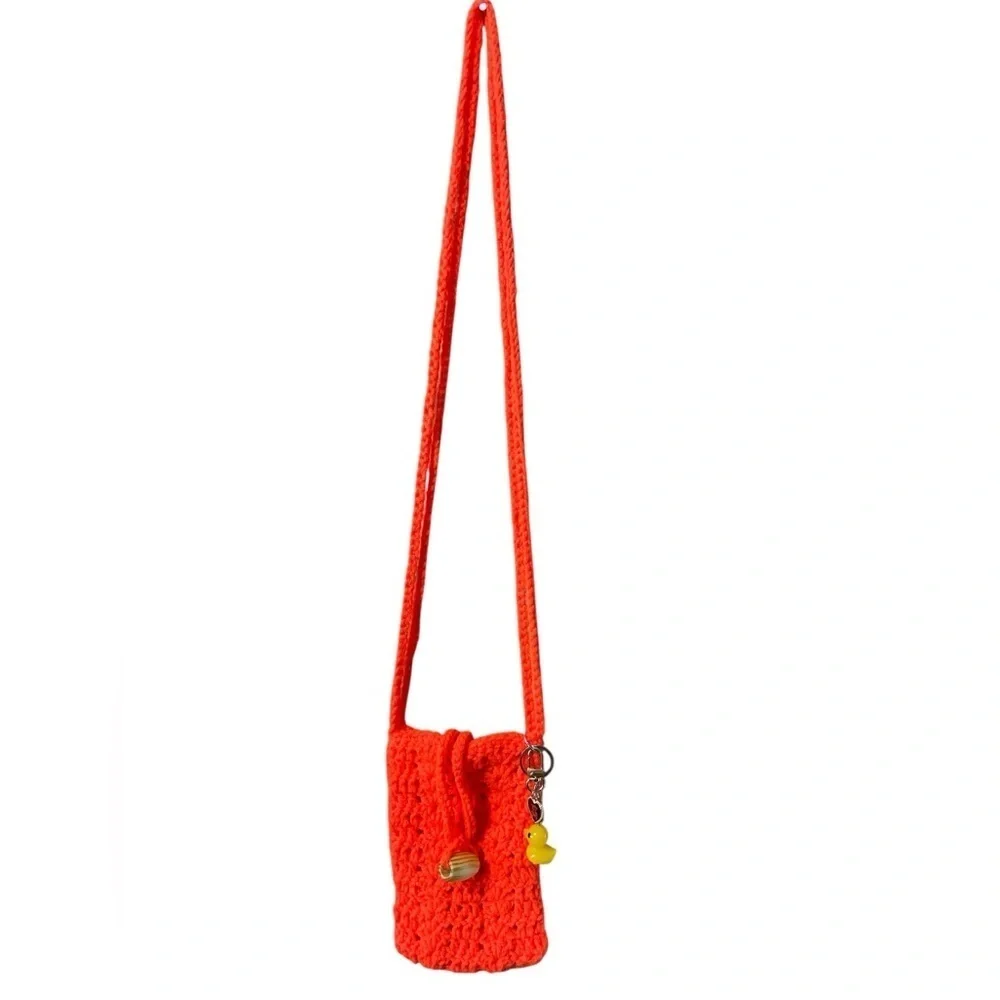 Crochet Bag Crossbody Shoulder Stretch Phone Purse Case Orange Small Handmade