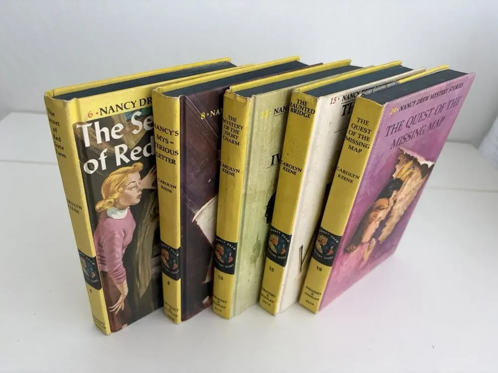 Lot 5 Nancy Drew Yellow Hardcover 60’s & 70s #6, 8, 13, 15, 19 Carolyn Keene