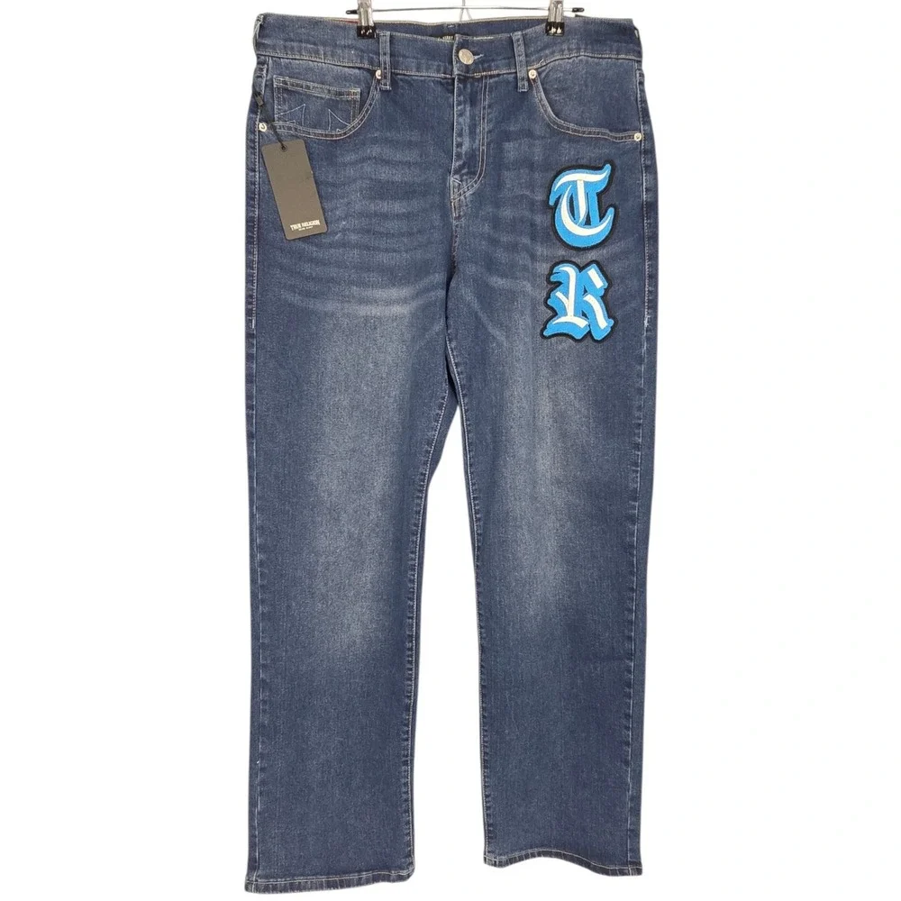 True Religion Bobby Relaxed Baggy Jeans Mens 33x32 Blue Applique Medium Wash NEW