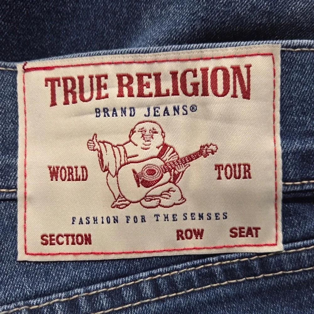 True Religion Bobby Relaxed Baggy Jeans Mens 33x32 Blue Applique Medium Wash NEW