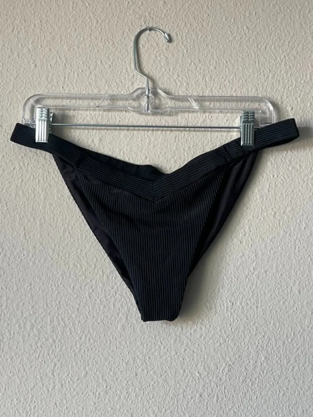 FRANKIES BIKINIS Black Ribbed Cheeky V-Front Bikini Bottom Size XL