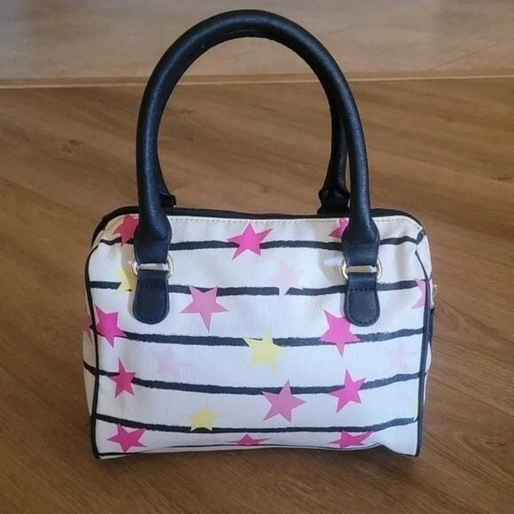 Luv Betsey by Betsey Johnson Star Stripe Satchel Bag White Black Pink Keychain