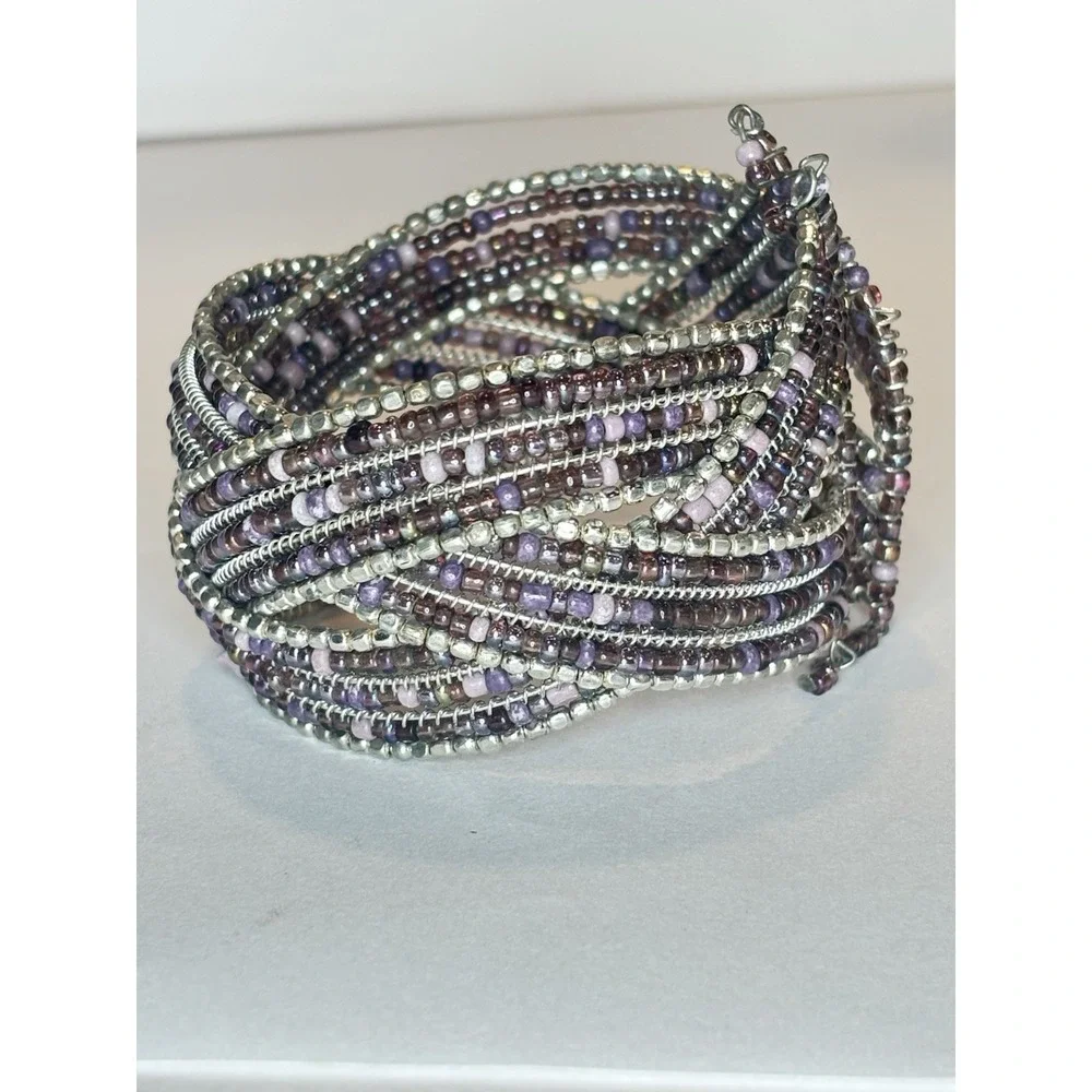 Purple Glass Bead Memory Wire Cuff Bracelet Silver Tone Wide Boho Statement