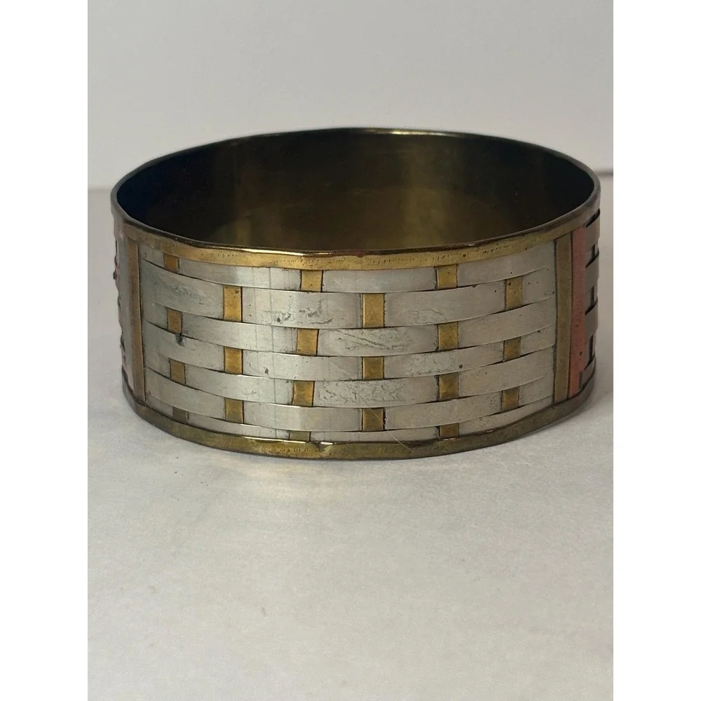 Vintage Brass Woven Basket Weave Mixed Metal Copper Silver Tone Bangle Bracelet