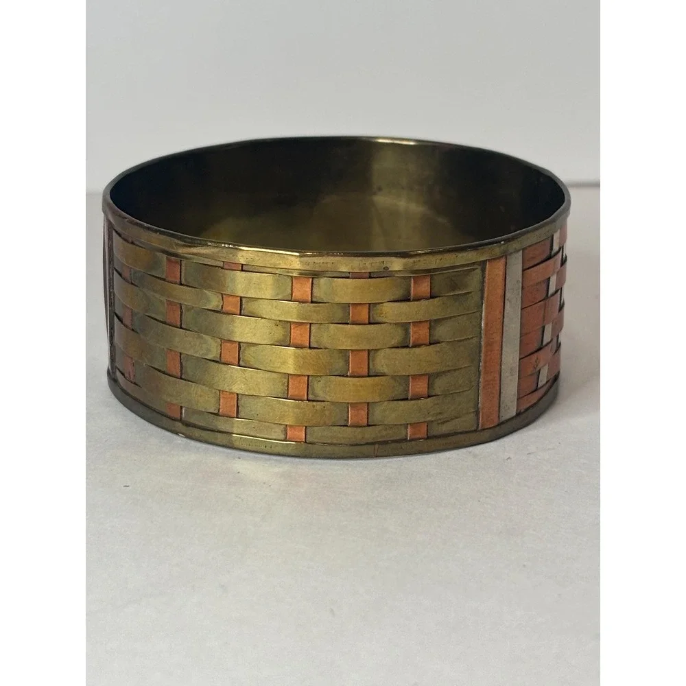 Vintage Brass Woven Basket Weave Mixed Metal Copper Silver Tone Bangle Bracelet