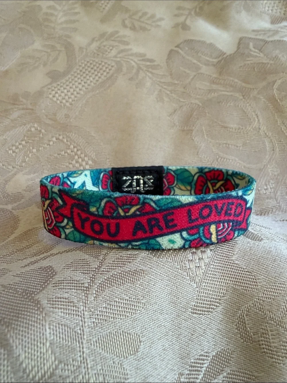 You Are Loved Fabric Bracelet — Inspirational Red & Teal Floral Bracelet