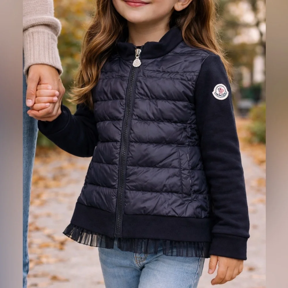 Moncler Girls Pleated Hem Down Jacket – Midnight Blue – Size 6