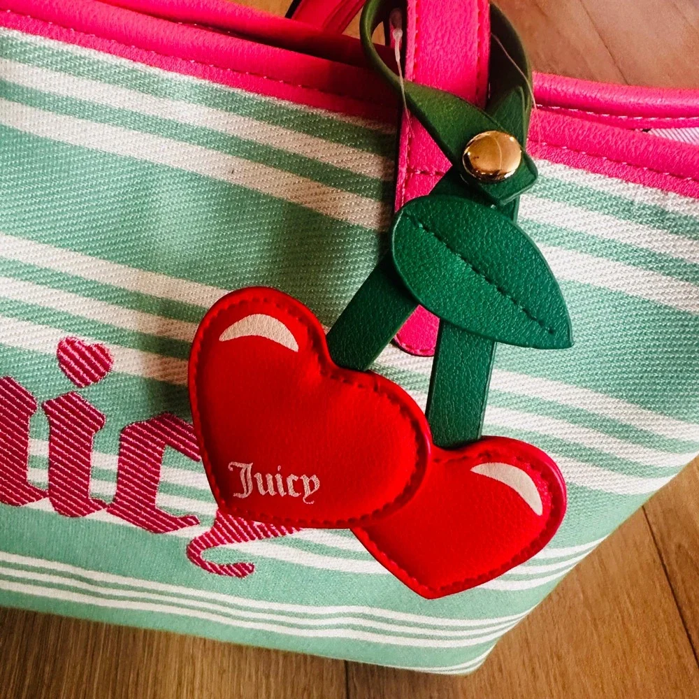 Juicy Couture Paradise Tote Retro Green Striped Canvas Bag Pink Trim NEW