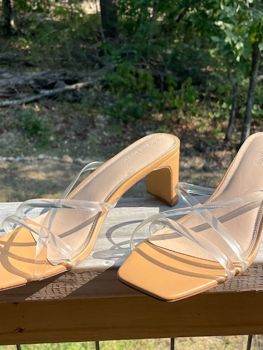 The Drop Clear Strap Slim Block Heel Sandals Quiet Luxury Tan 9.5 EUC