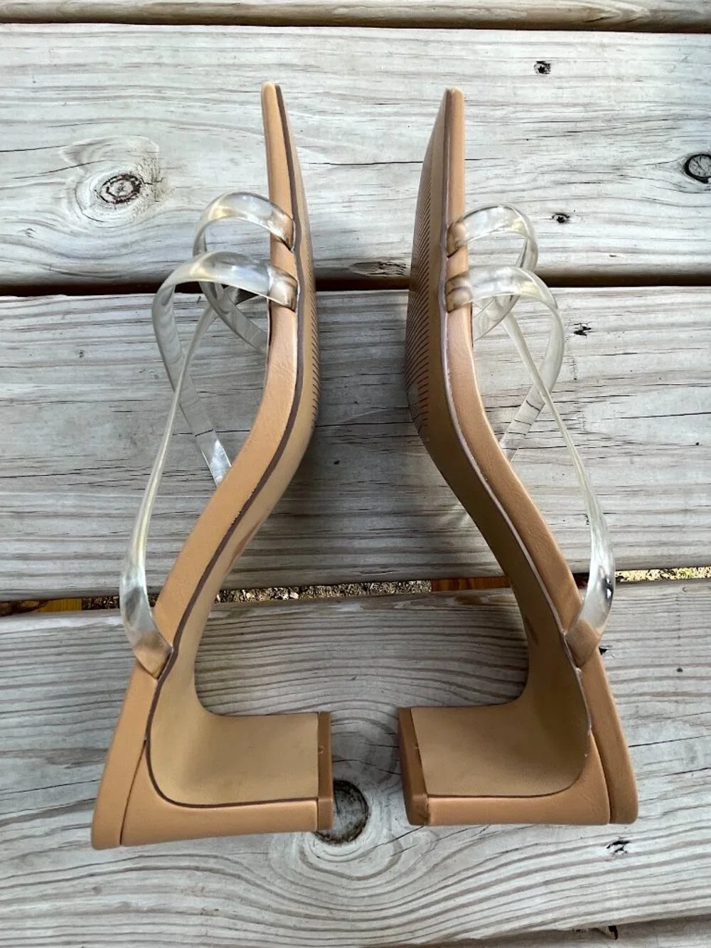 The Drop Clear Strap Slim Block Heel Sandals Quiet Luxury Tan 9.5 EUC