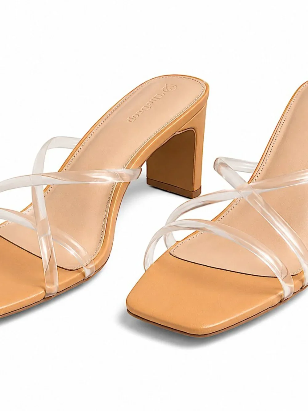 The Drop Clear Strap Slim Block Heel Sandals Quiet Luxury Tan 9.5 EUC