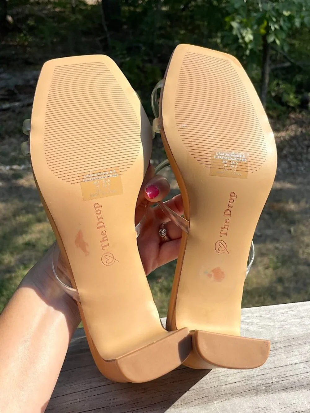 The Drop Clear Strap Slim Block Heel Sandals Quiet Luxury Tan 9.5 EUC