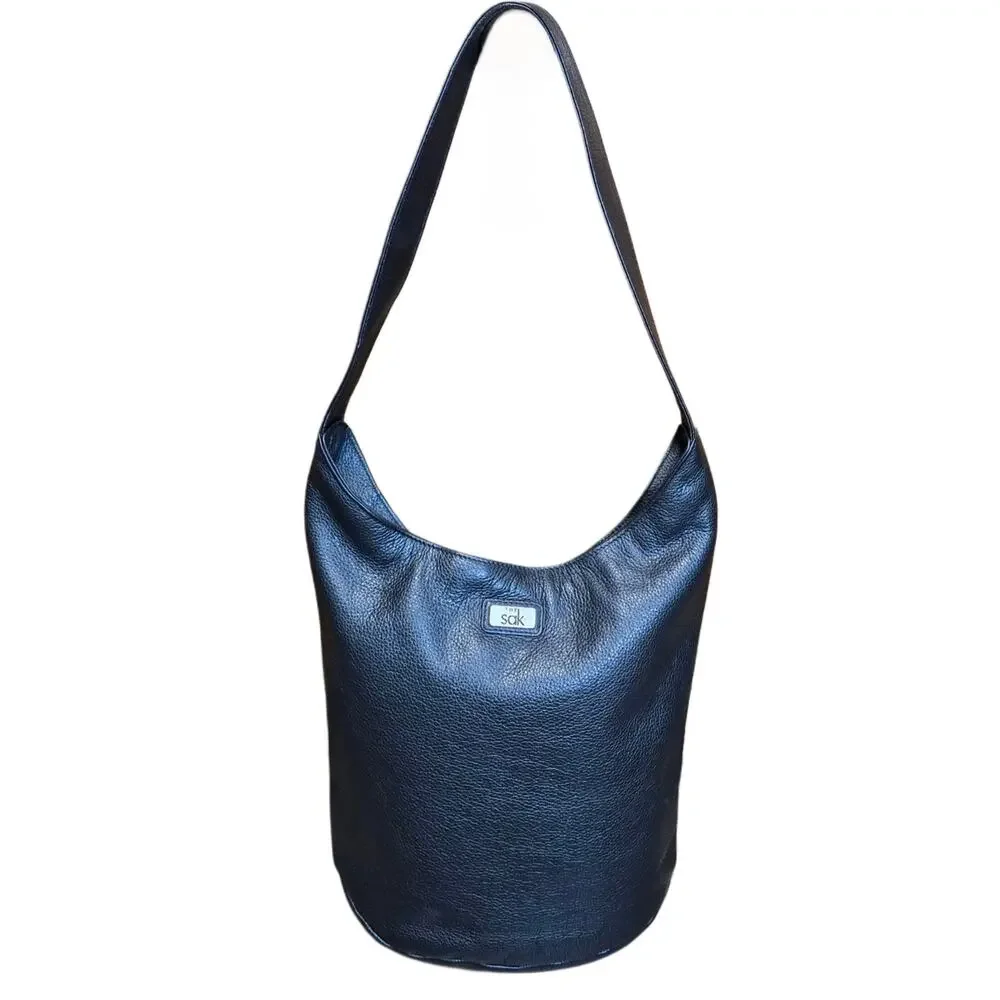 The Sak Hobo Purse Pure Leather Black Pebbled Zip Top Handbag Shoulder Bag