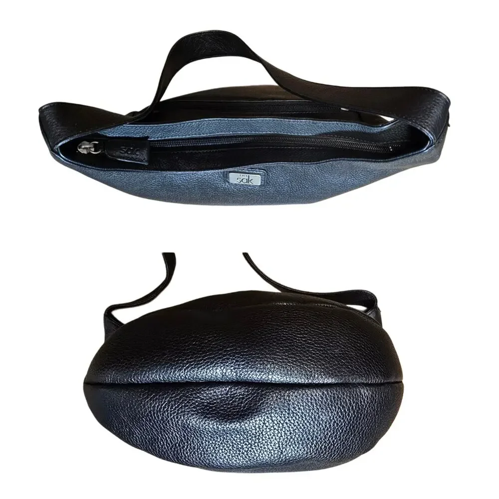 The Sak Hobo Purse Pure Leather Black Pebbled Zip Top Handbag Shoulder Bag