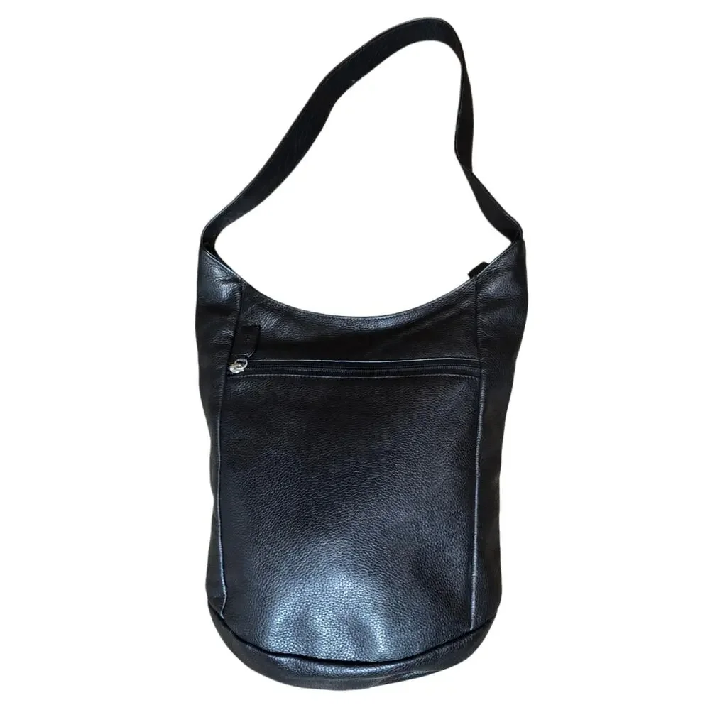 The Sak Hobo Purse Pure Leather Black Pebbled Zip Top Handbag Shoulder Bag