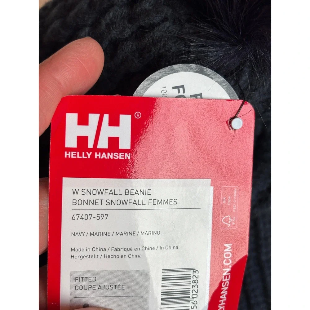 Helly Hansen W Snowfall Beanie Navy Blue Ribbed Knit Faux Fur Pom Hat