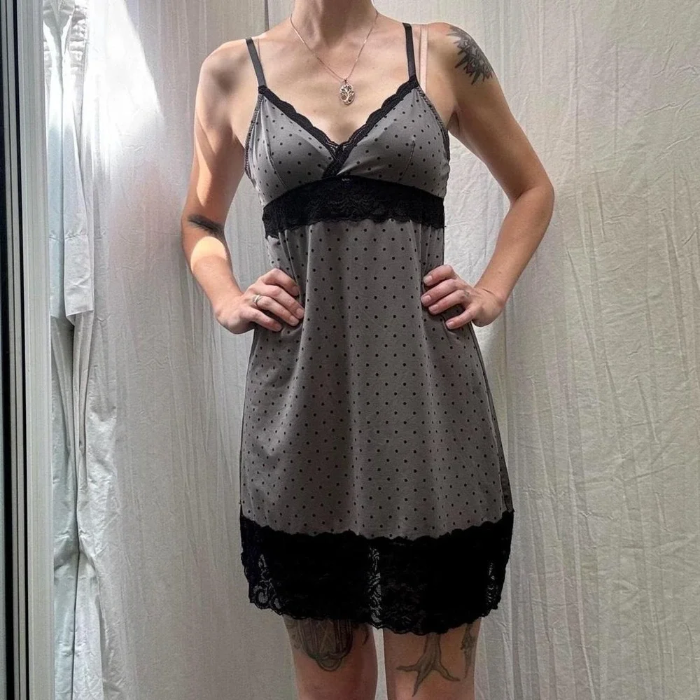 Gray and black polka dot lace trim slip dress small Y2K nighty nightie nightgown