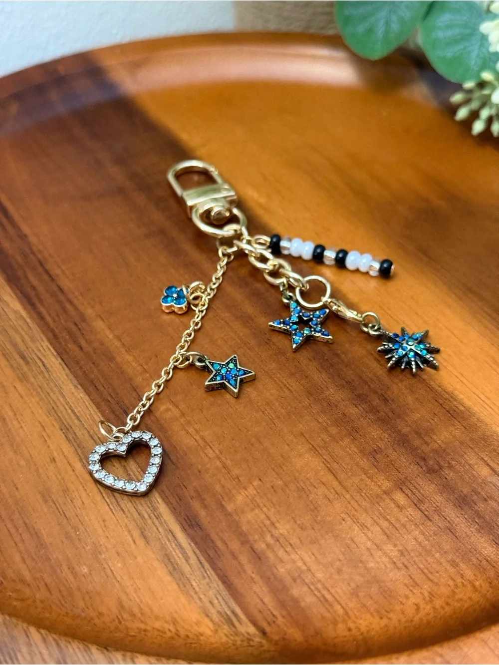 Gold-Tone Turquoise Star & Heart Charm Keychain Accessory