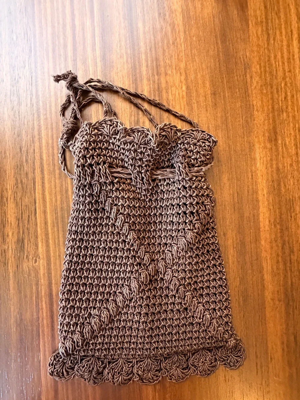 Brown Crochet Drawstring Satchel Bag