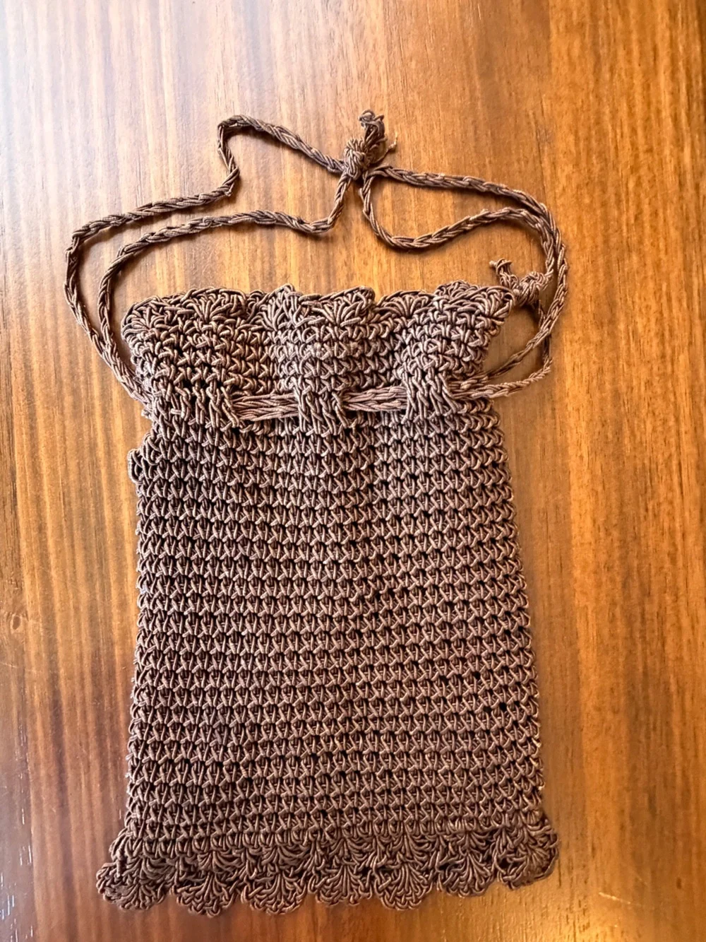 Brown Crochet Drawstring Satchel Bag
