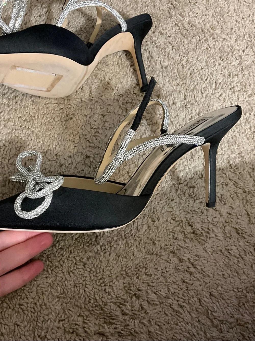 Badgley Mischka Black Satin Pointed-Toe Slingback Heels with Crystal Bow