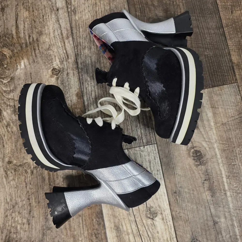 Irregular Choice Winner Takes It All Platform Heels Black Silver Lace Up 38
