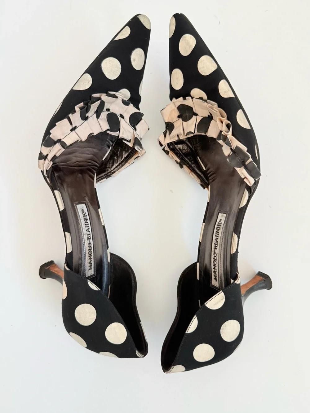 Manolo Blahnik Vintage Black White Polka Dot Ruffle D’Orsay Pumps 41.5