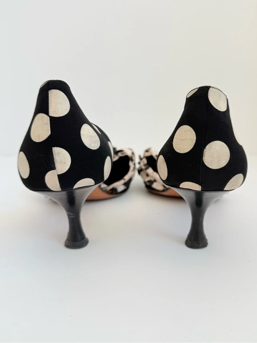 Manolo Blahnik Vintage Black White Polka Dot Ruffle D’Orsay Pumps 41.5
