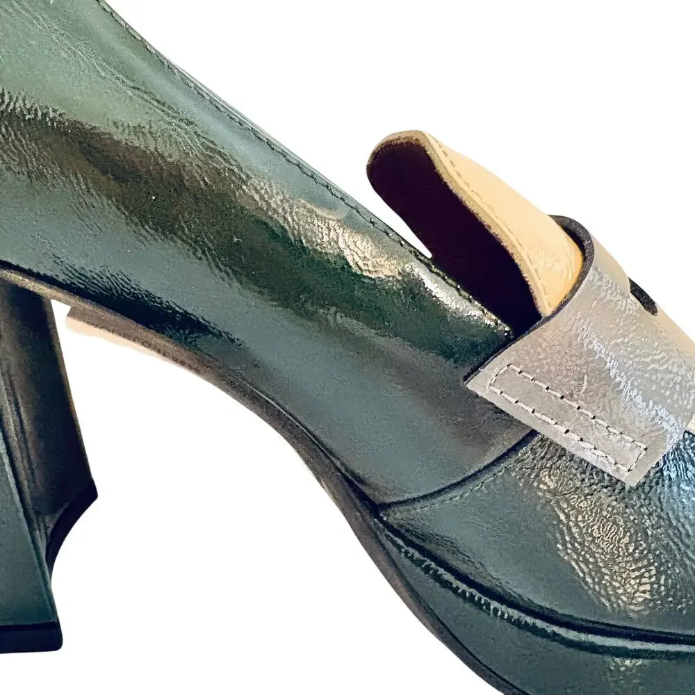NWT Wonders Spain Forest Green Block Heel Shiny Leather Penny Loafers Pumps