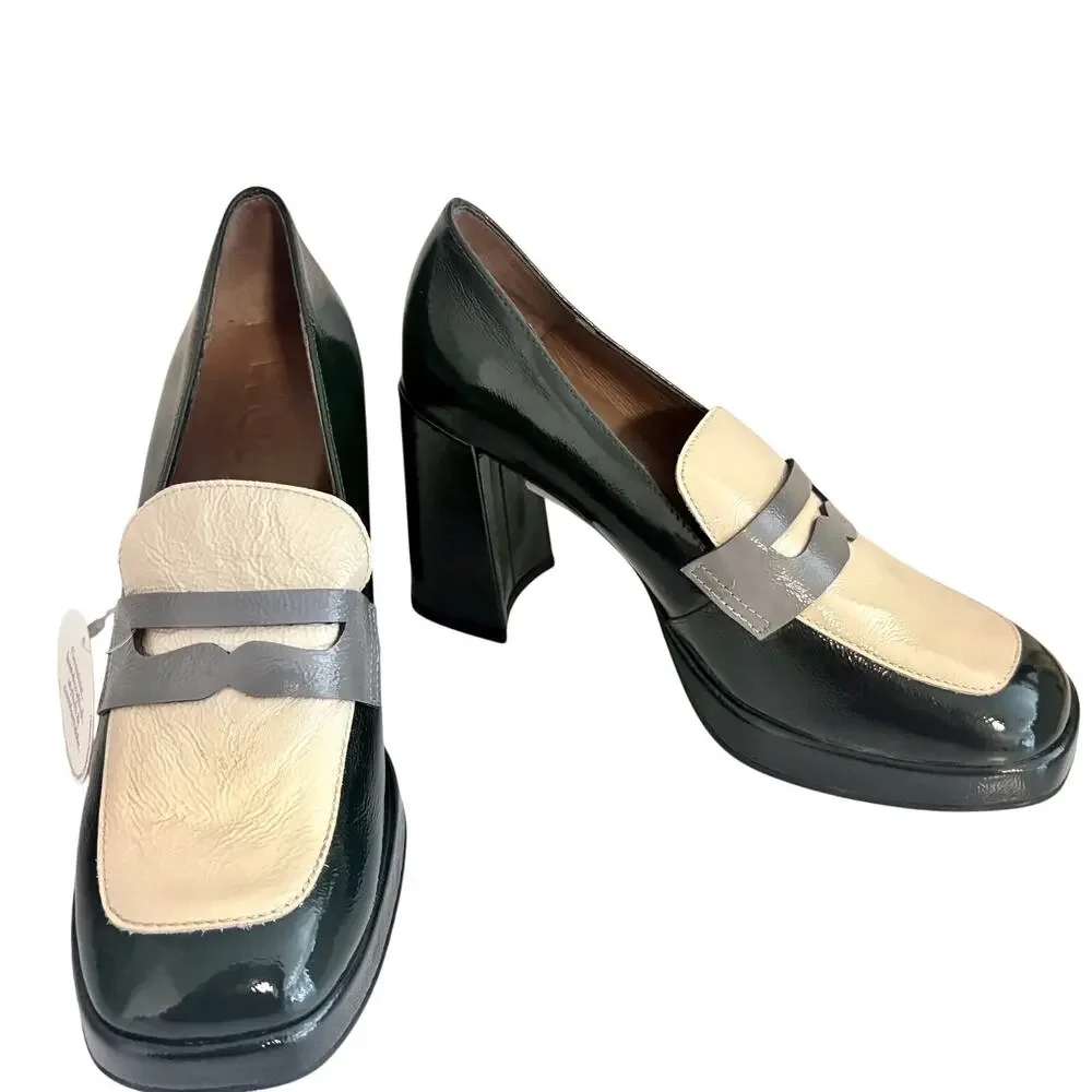NWT Wonders Spain Forest Green Block Heel Shiny Leather Penny Loafers Pumps