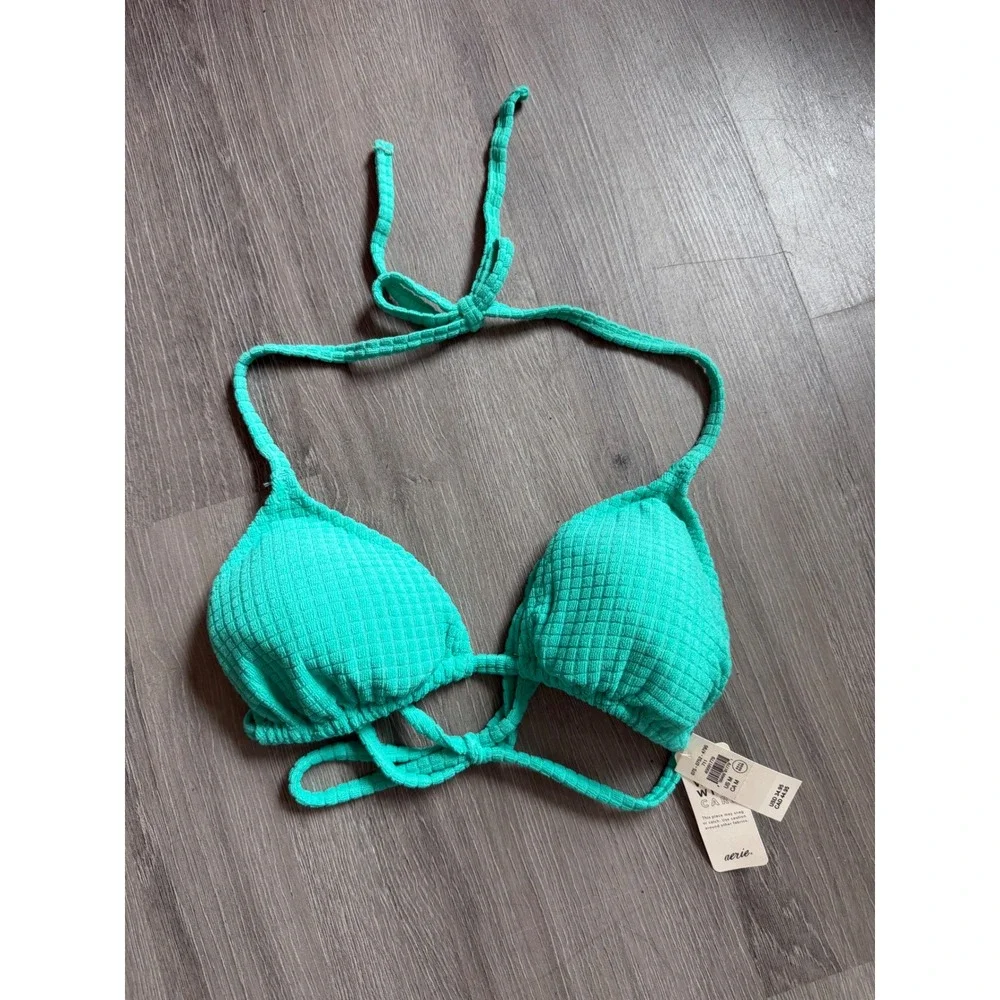 Aerie Waffle Textured Triangle Bikini Top Aqua Green Teal Womens medium