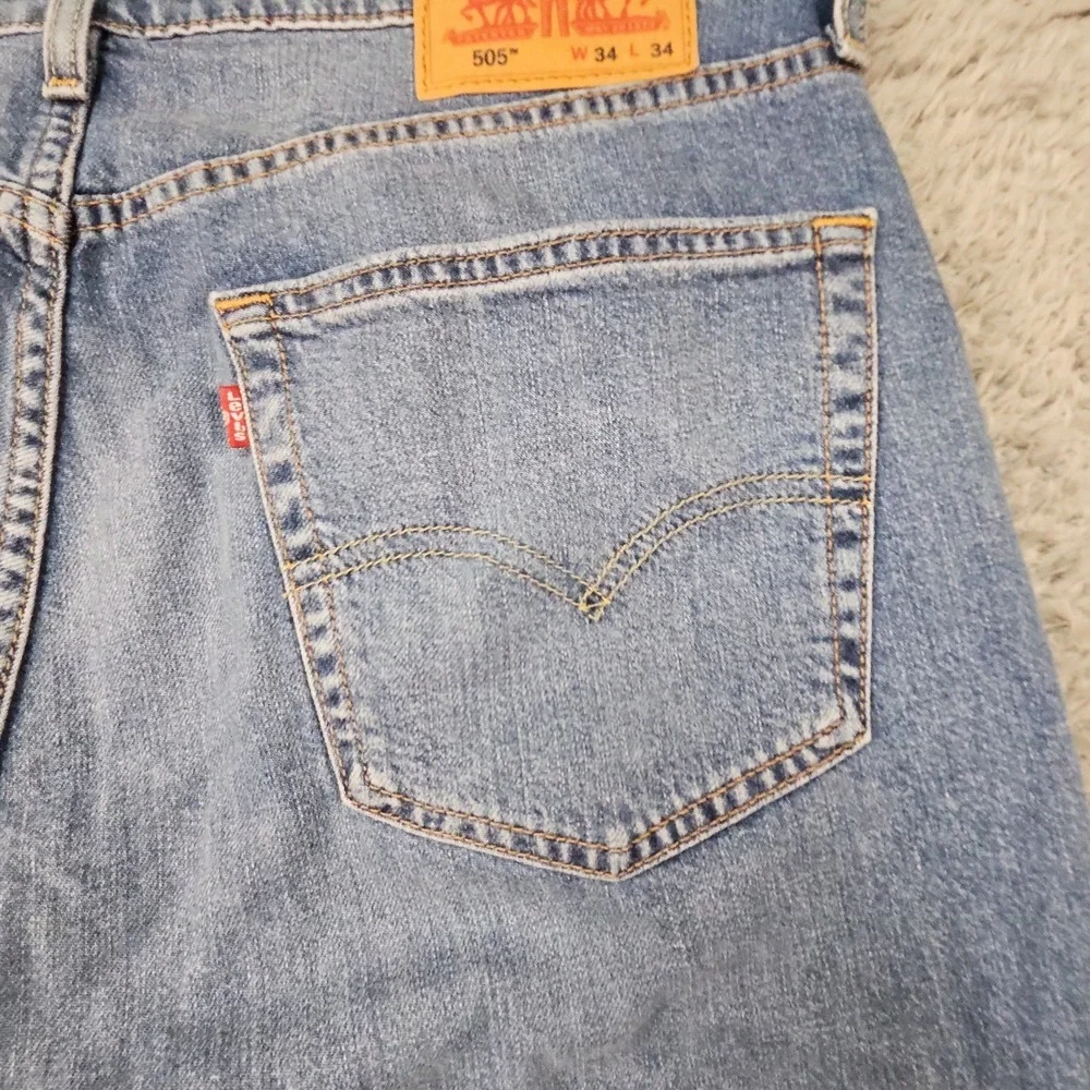 Levis 505 Jeans Mens 34x34 Blue Stretch Denim Relaxed Dad Light Wash Fade Grunge