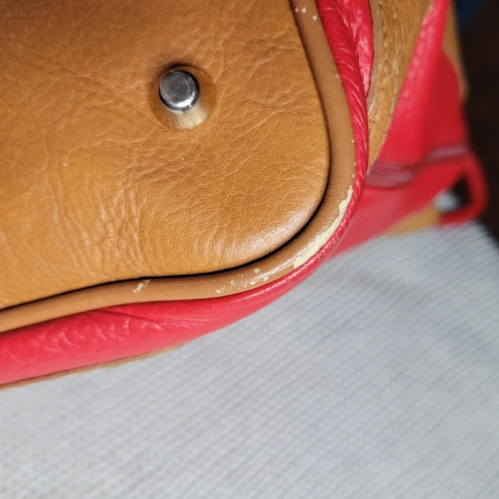 Valentina Red Pebbled Leather Hobo Shoulder Bag Tan Gold Hardware Italian READ