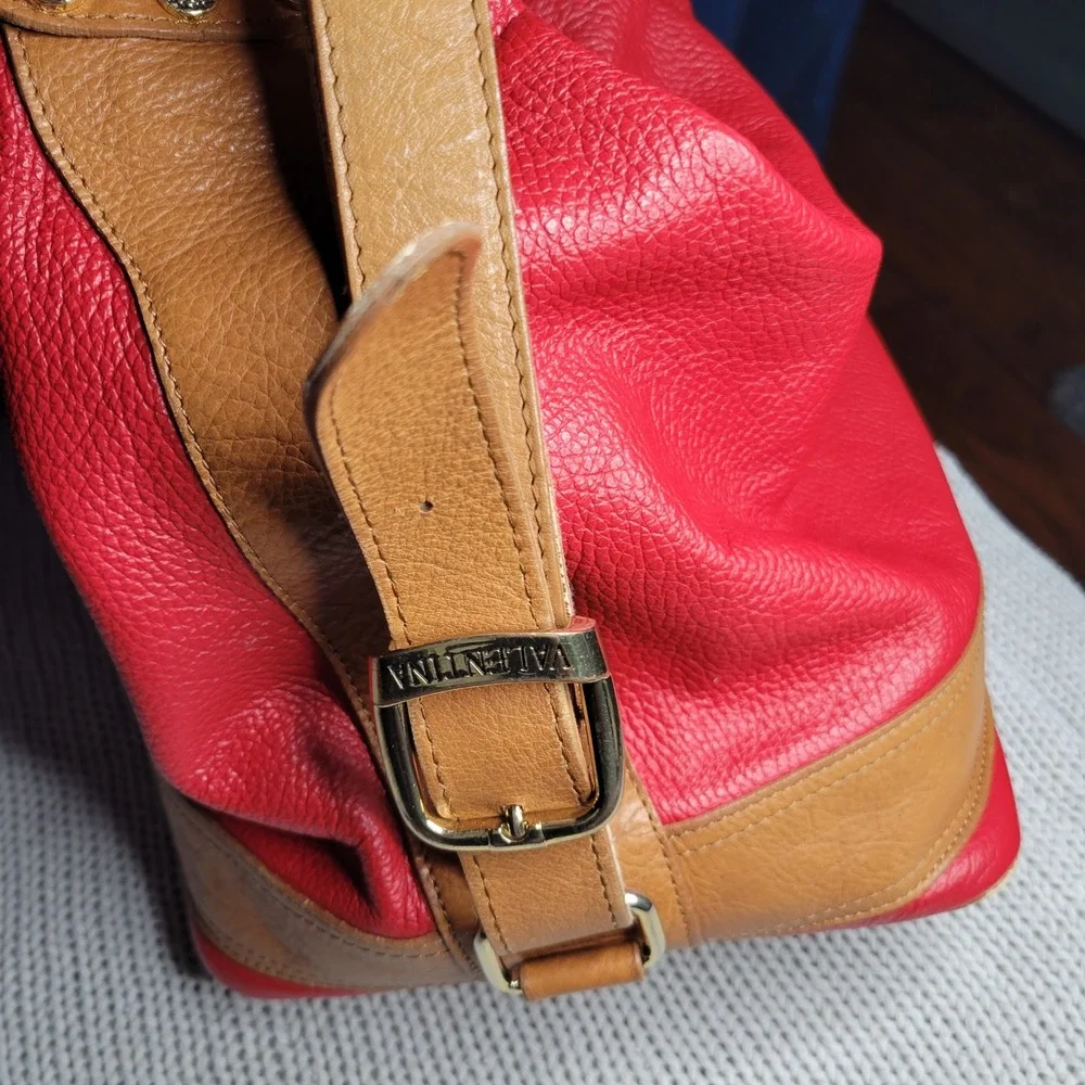 Valentina Red Pebbled Leather Hobo Shoulder Bag Tan Gold Hardware Italian READ