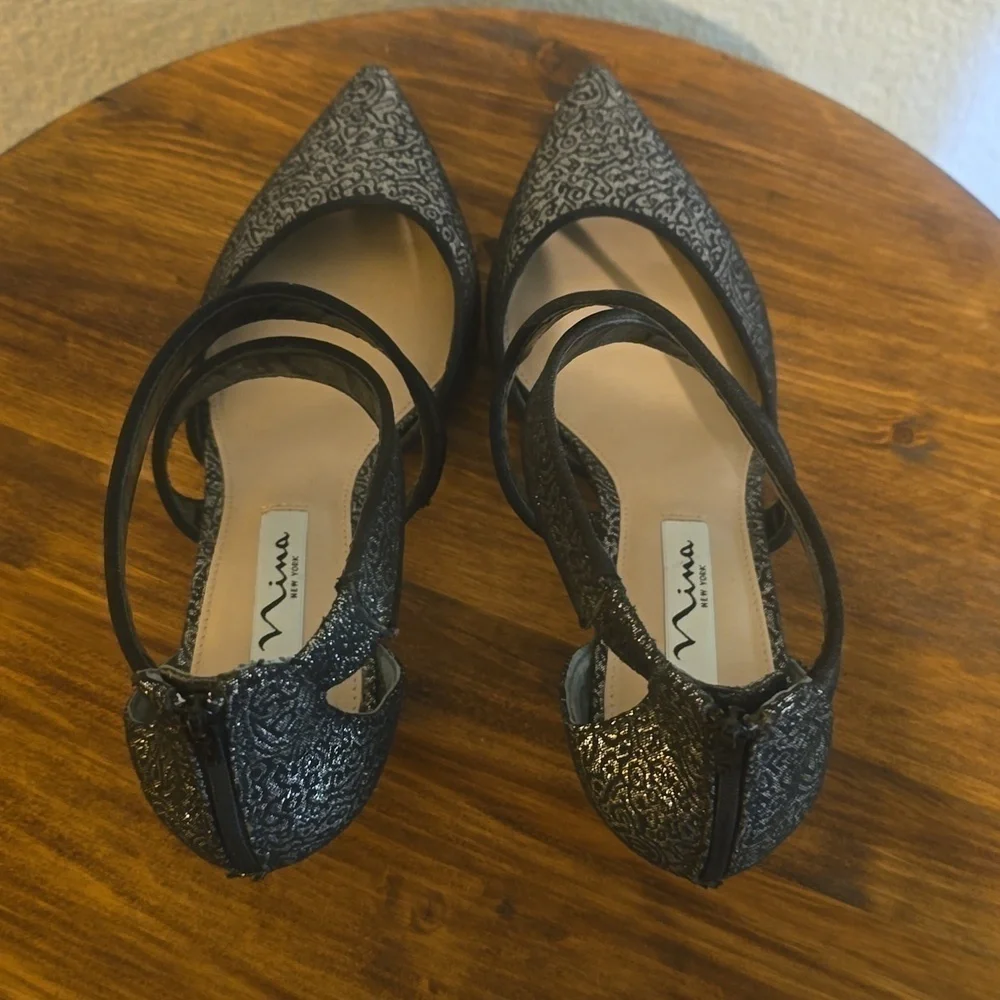 Nina New York |Black & Silver Jacquard Slip On Back Zip HEELS Fancy Elegant 8