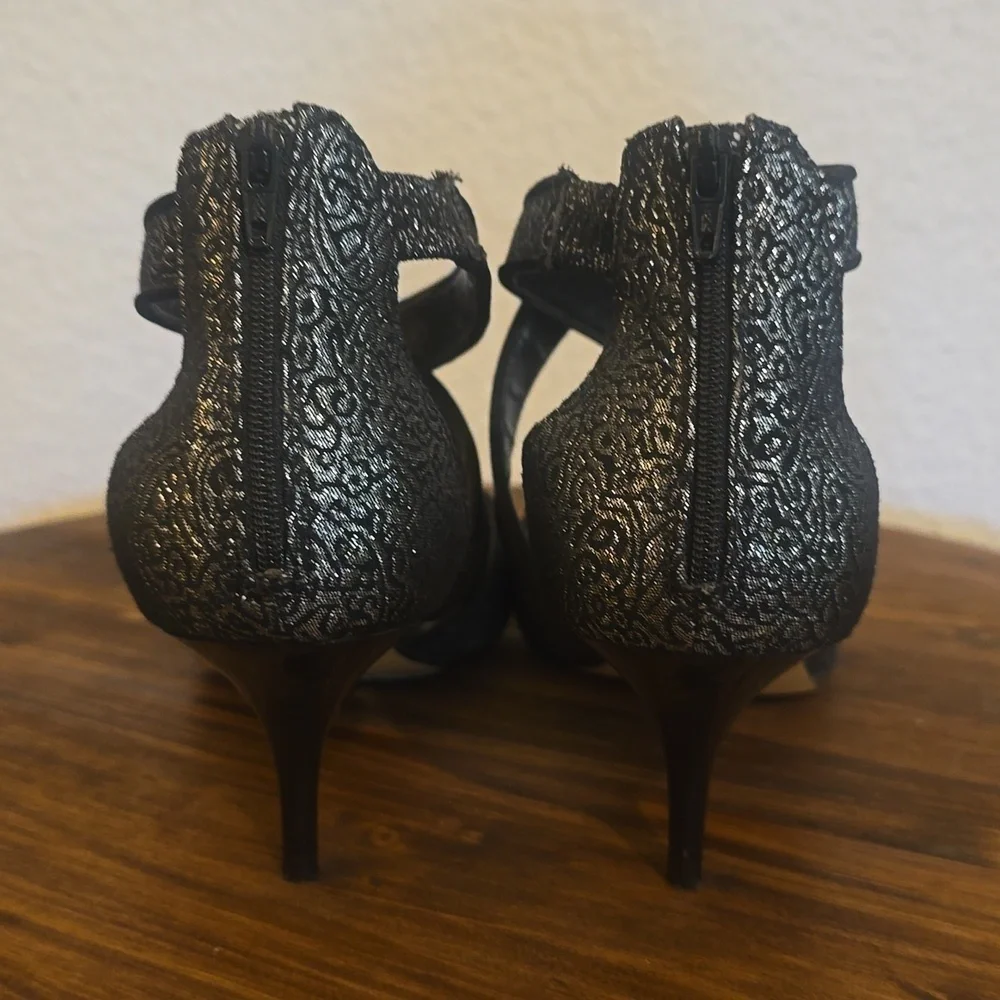 Nina New York |Black & Silver Jacquard Slip On Back Zip HEELS Fancy Elegant 8