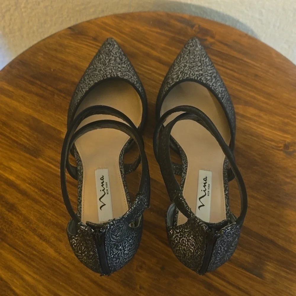 Nina New York |Black & Silver Jacquard Slip On Back Zip HEELS Fancy Elegant 8
