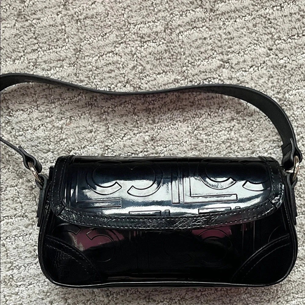 Liz Claiborne Black Patent Shoulder Bag with Embossed Logo